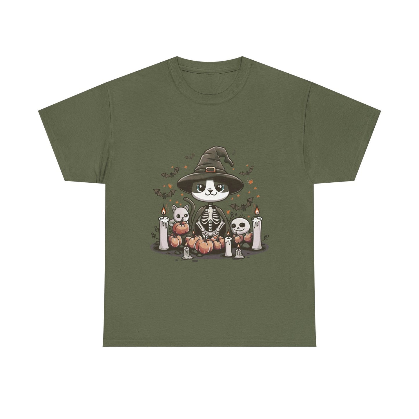 Halloween Witch Cat T-Shirt – Cute Skeleton Cat with Pumpkins & Candles