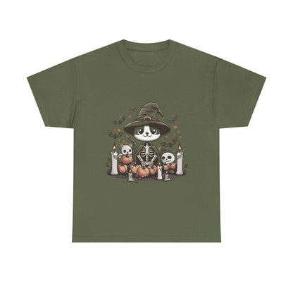 Halloween Witch Cat T-Shirt – Cute Skeleton Cat with Pumpkins & Candles
