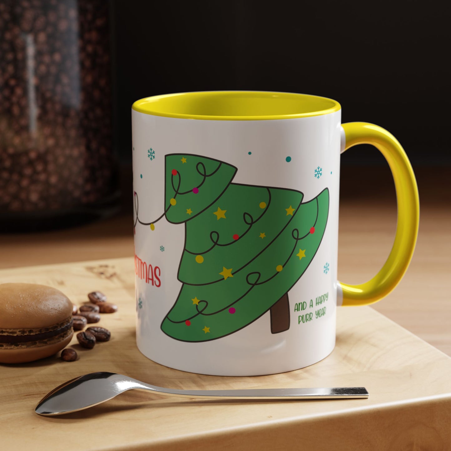 Meowy Christmas Accent Coffee Mug — Cute Cat & Decorated Tree Holiday Mug (11/15oz)