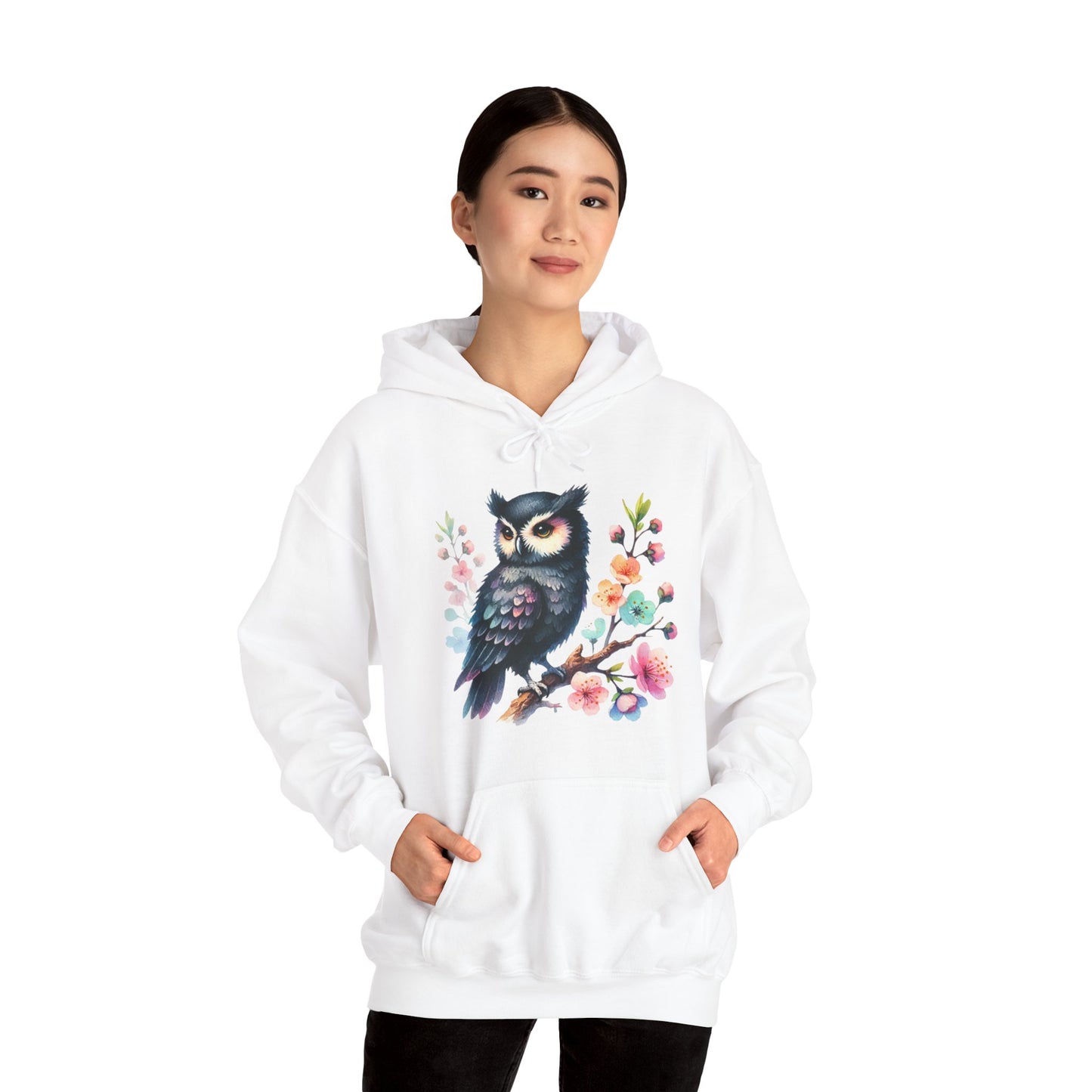 Floral Night Owl Hoodie – Watercolor Owl & Blossom Pullover