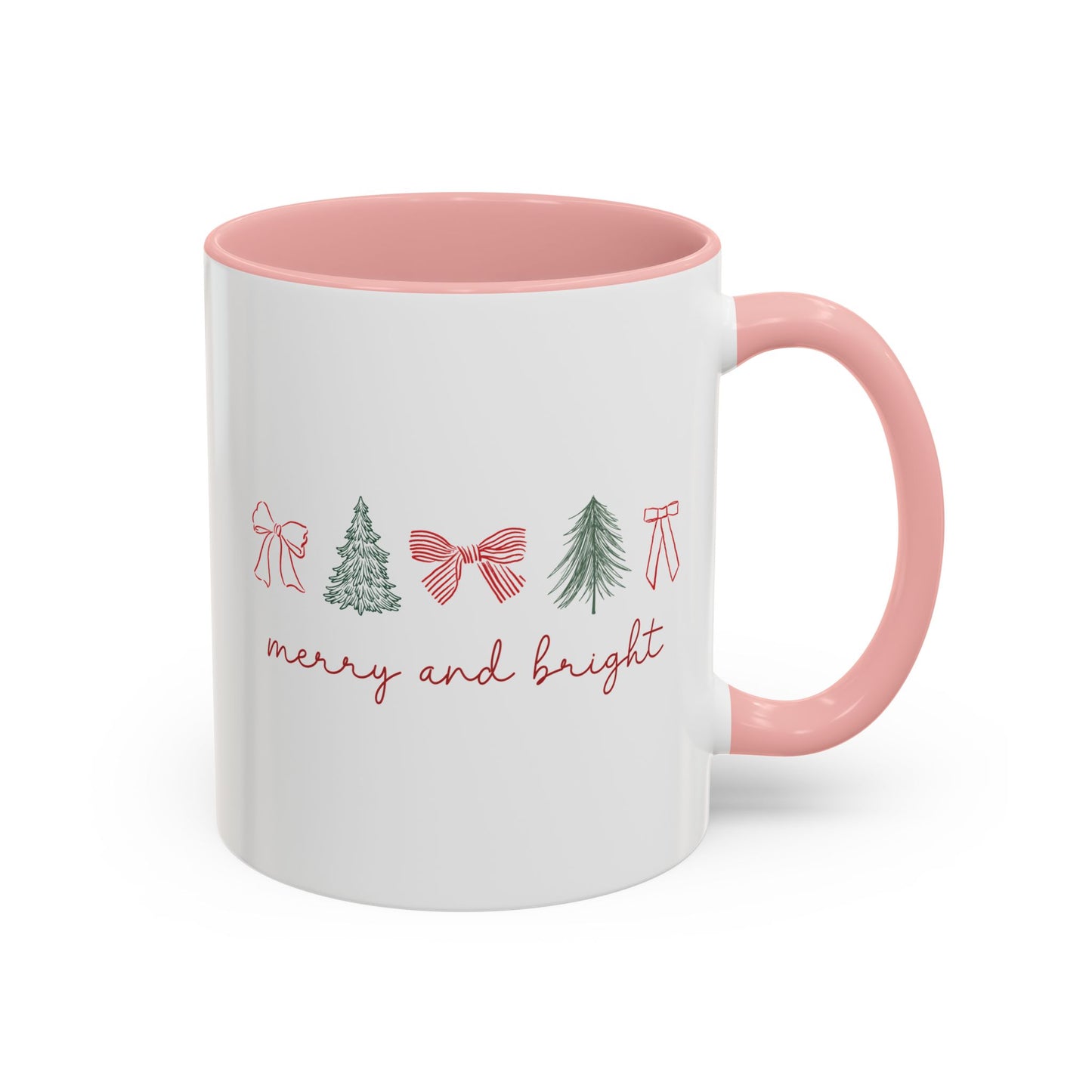 Merry and Bright Accent Coffee Mug — Holiday Christmas Tree & Bow Design (11/15 oz)