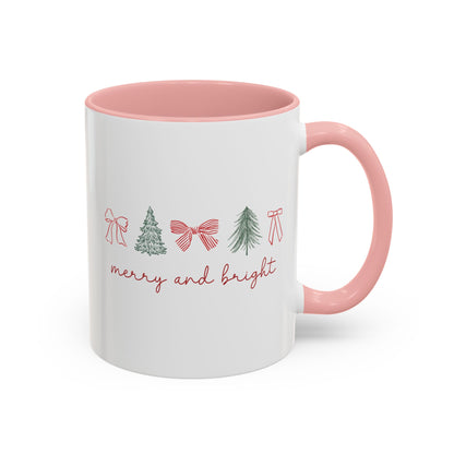 Merry and Bright Accent Coffee Mug — Holiday Christmas Tree & Bow Design (11/15 oz)