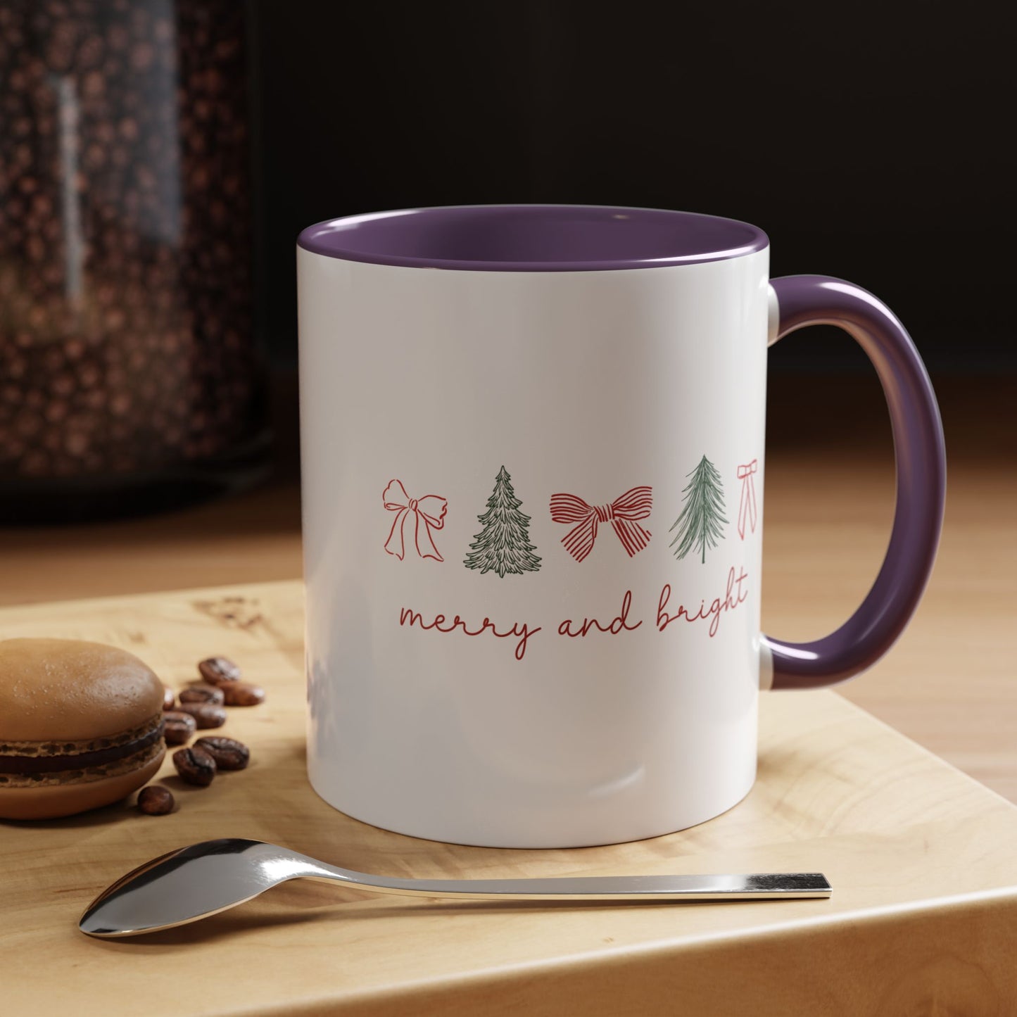Merry and Bright Accent Coffee Mug — Holiday Christmas Tree & Bow Design (11/15 oz)
