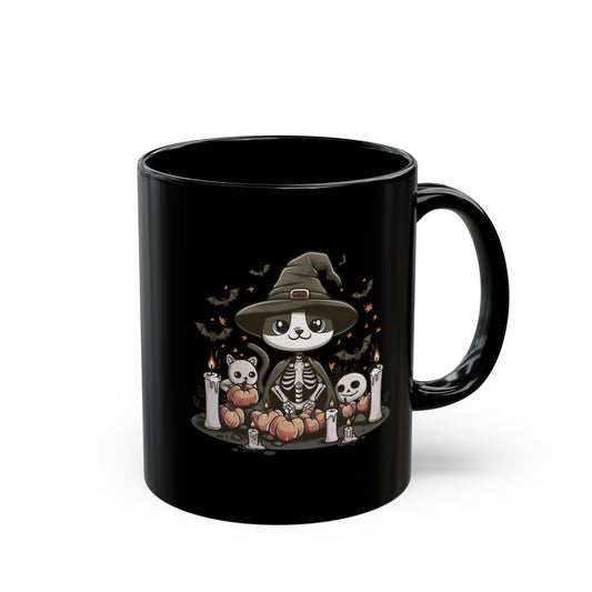 Halloween Witch Cat Mug – Cute Skeleton Cat with Pumpkins & Candles