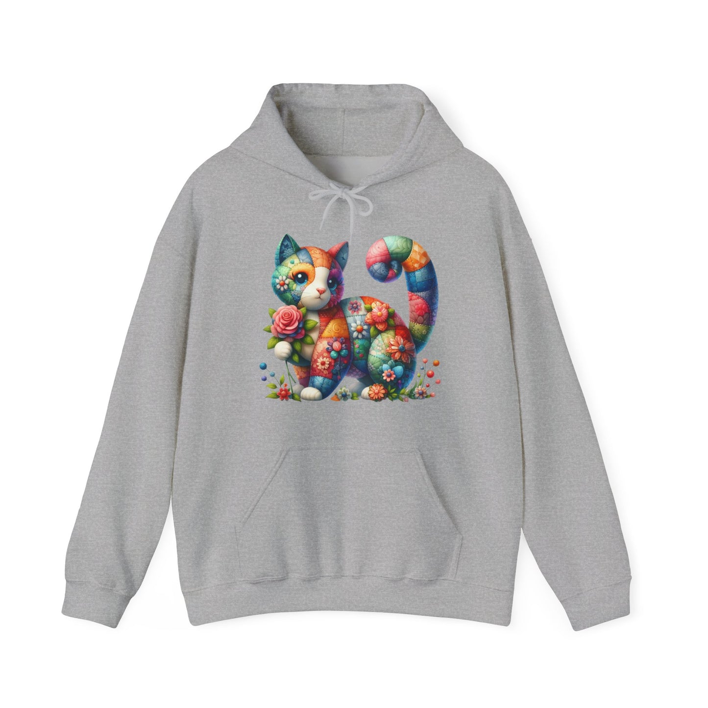 Colorful Floral Cat Hoodie – Vibrant Patchwork Kitty Sweatshirt