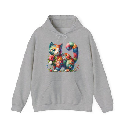 Colorful Floral Cat Hoodie – Vibrant Patchwork Kitty Sweatshirt
