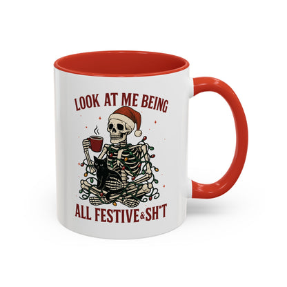 Funny Festive Skeleton Christmas Mug – Holiday Coffee Cup with Cat – Look at Me Being All Festive