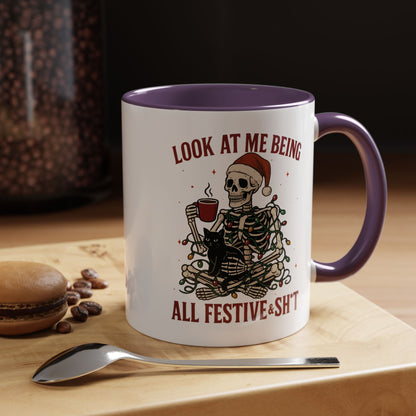 Funny Festive Skeleton Christmas Mug – Holiday Coffee Cup with Cat – Look at Me Being All Festive