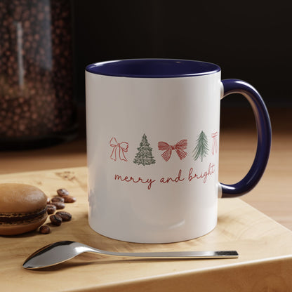 Merry and Bright Accent Coffee Mug — Holiday Christmas Tree & Bow Design (11/15 oz)