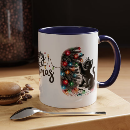 Merry Christmas Cat Mug – Cute Black Cat with Christmas Lights – Holiday Coffee Cup Gift for Cat Lovers