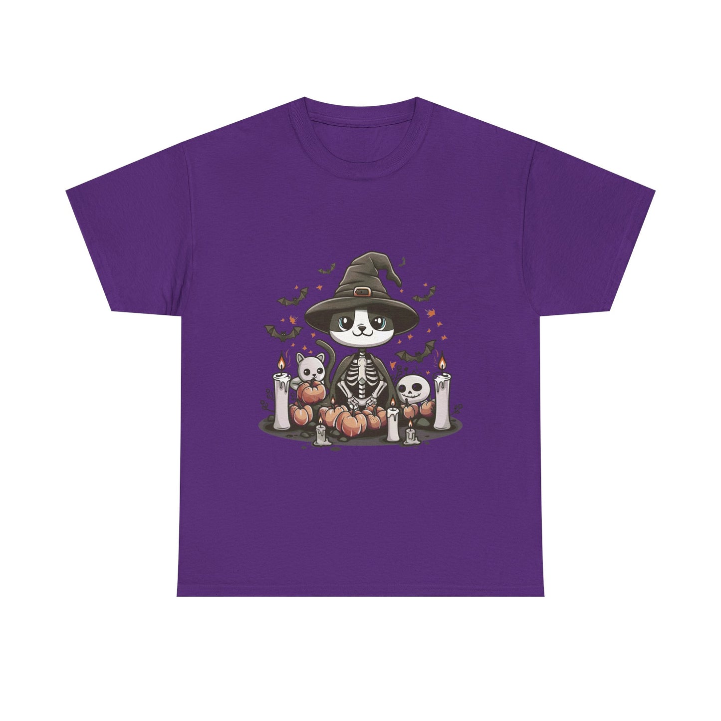 Halloween Witch Cat T-Shirt – Cute Skeleton Cat with Pumpkins & Candles