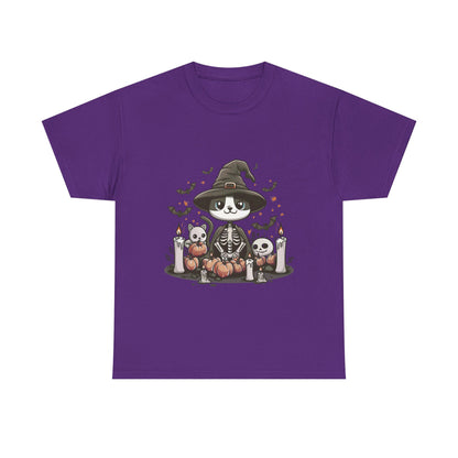 Halloween Witch Cat T-Shirt – Cute Skeleton Cat with Pumpkins & Candles
