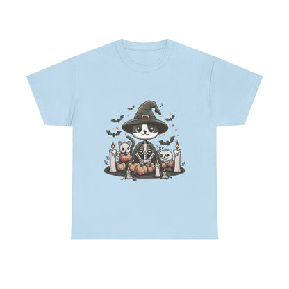 Halloween Witch Cat T-Shirt – Cute Skeleton Cat with Pumpkins & Candles