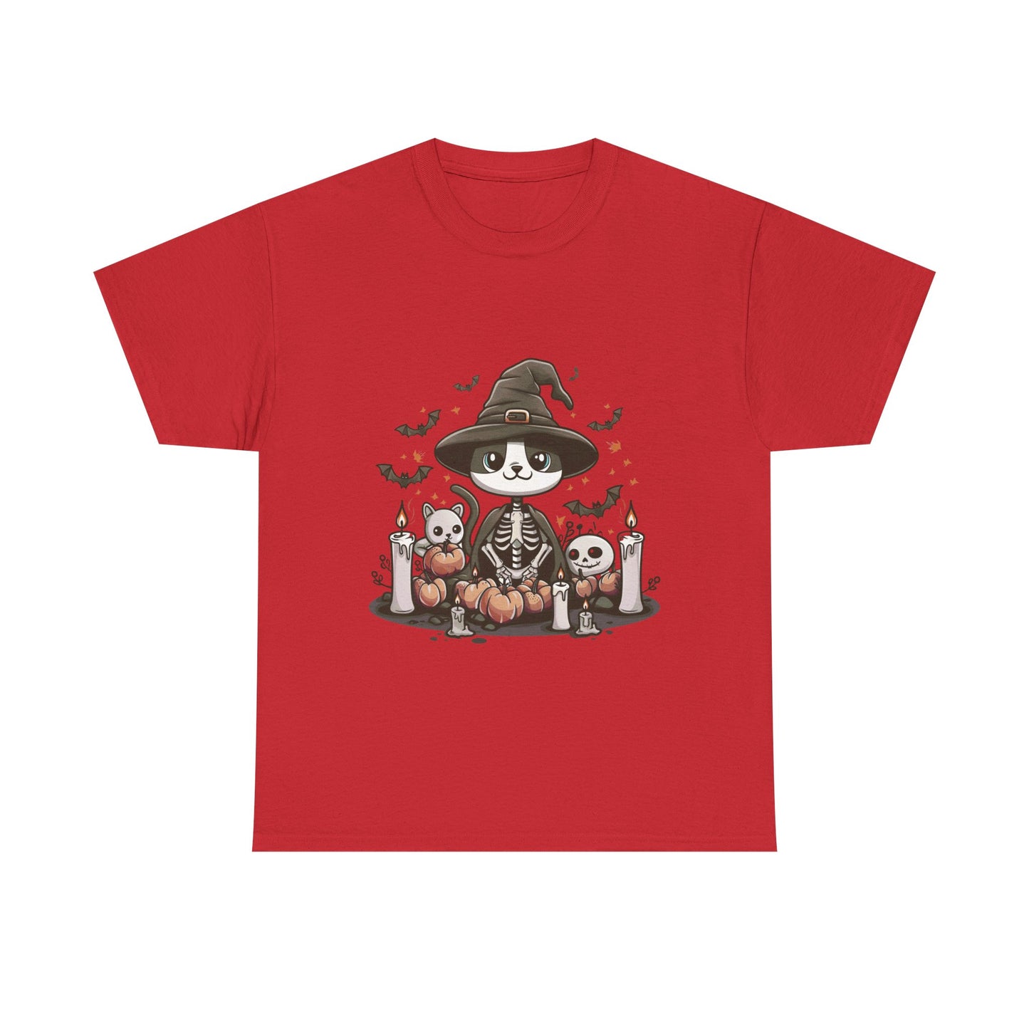 Halloween Witch Cat T-Shirt – Cute Skeleton Cat with Pumpkins & Candles