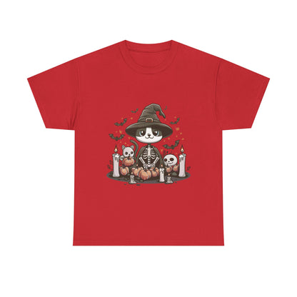 Halloween Witch Cat T-Shirt – Cute Skeleton Cat with Pumpkins & Candles