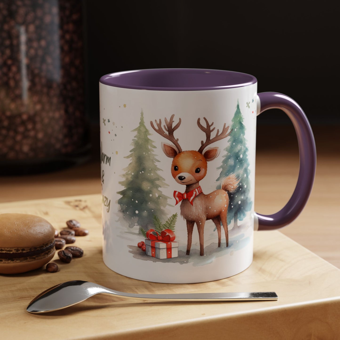 Warm & Cozy Christmas Accent Coffee Mug — Festive Santa, Reindeer & Pine Tree Holiday Drinkware