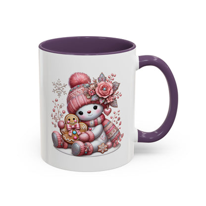 Cute Pink Snowman Coffee Mug — Holiday Winter Gingerbread Design (11/15oz)