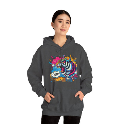 Colorful Pop Art Tiger Hoodie – "TIGER!" Graphic Pullover