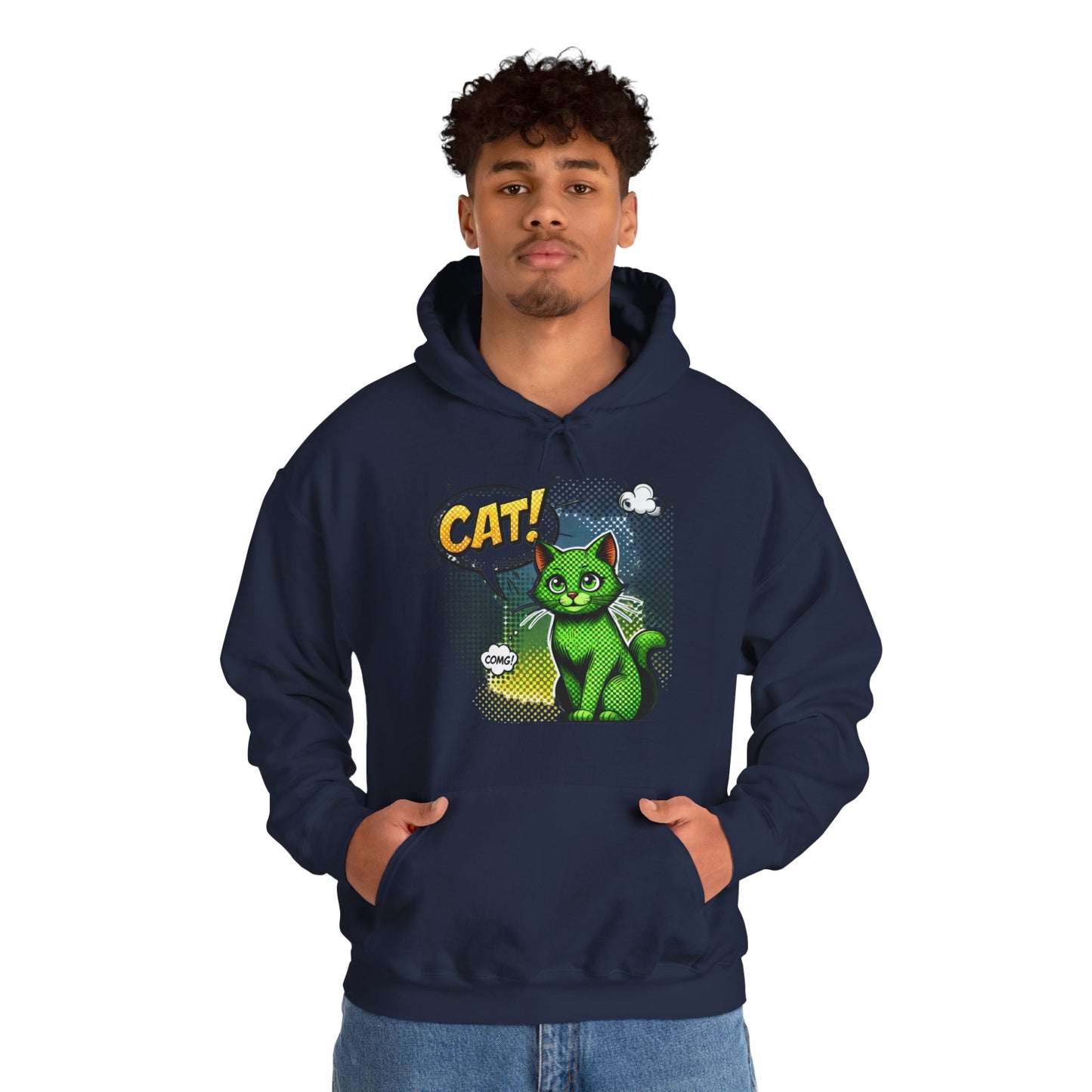 Green Comic Cat Hoodie — Retro Pop Art "CAT!" Graphic Sweatshirt