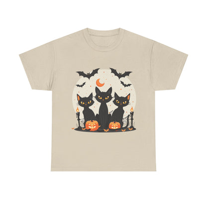 Halloween Black Cat T-Shirt – Cute Spooky Cats with Pumpkins & Bats Print
