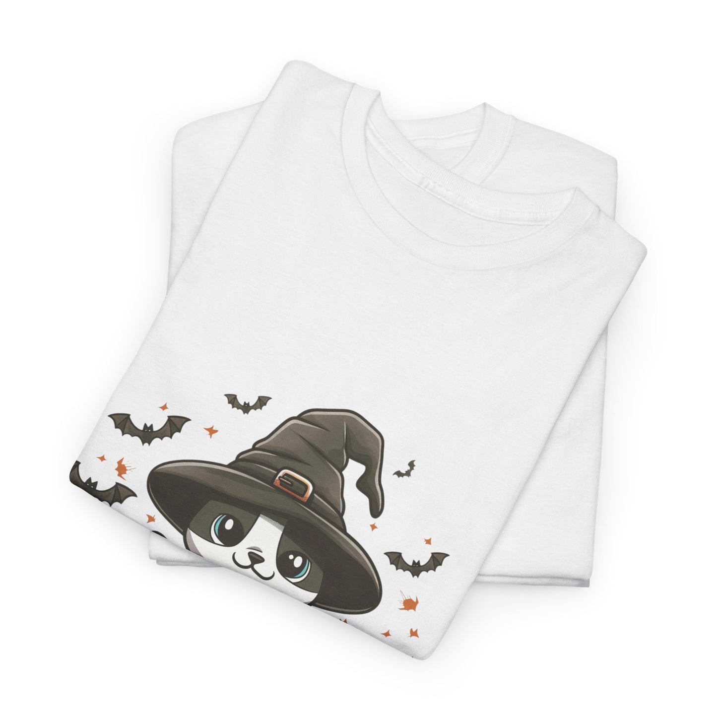 Halloween Witch Cat T-Shirt – Cute Skeleton Cat with Pumpkins & Candles