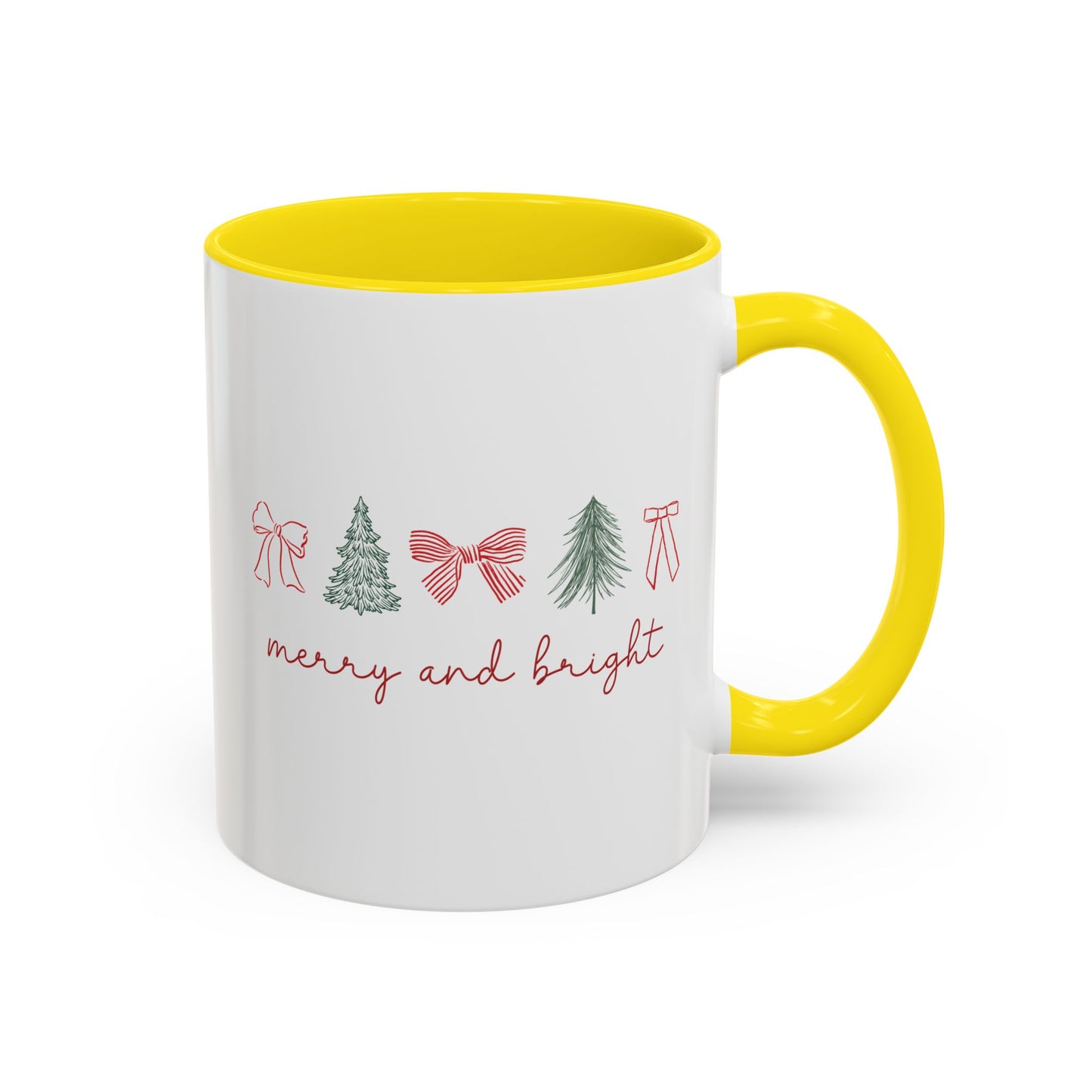 Merry and Bright Accent Coffee Mug — Holiday Christmas Tree & Bow Design (11/15 oz)
