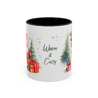 Warm & Cozy Christmas Accent Coffee Mug — Festive Santa, Reindeer & Pine Tree Holiday Drinkware