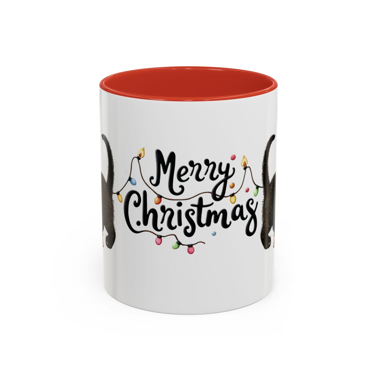 Merry Christmas Black Cat Mug – Cute Holiday Lights Cat Coffee Cup – Perfect Gift for Cat Lovers