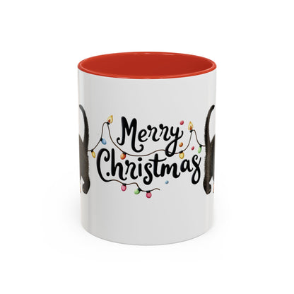 Merry Christmas Black Cat Mug – Cute Holiday Lights Cat Coffee Cup – Perfect Gift for Cat Lovers