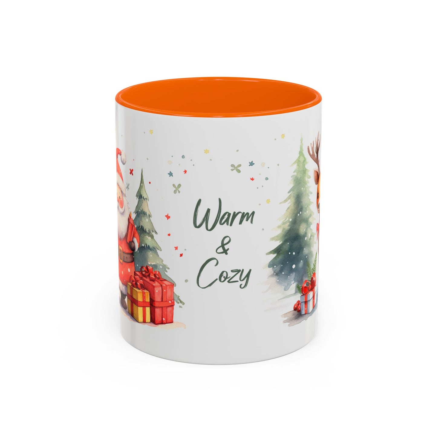 Warm & Cozy Christmas Accent Coffee Mug — Festive Santa, Reindeer & Pine Tree Holiday Drinkware