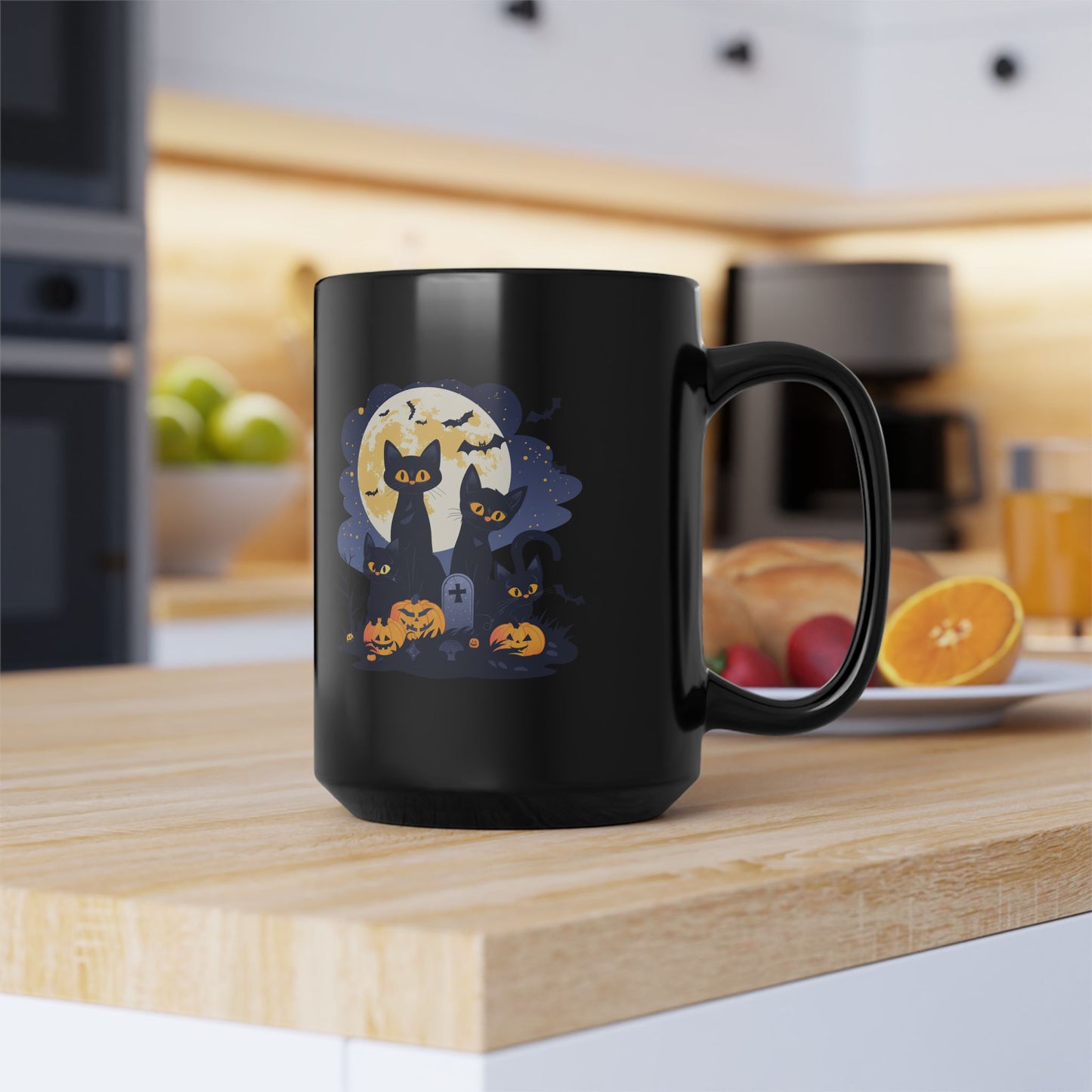 Halloween Black Cat Mug – Spooky Cats with Pumpkins & Full Moon Design