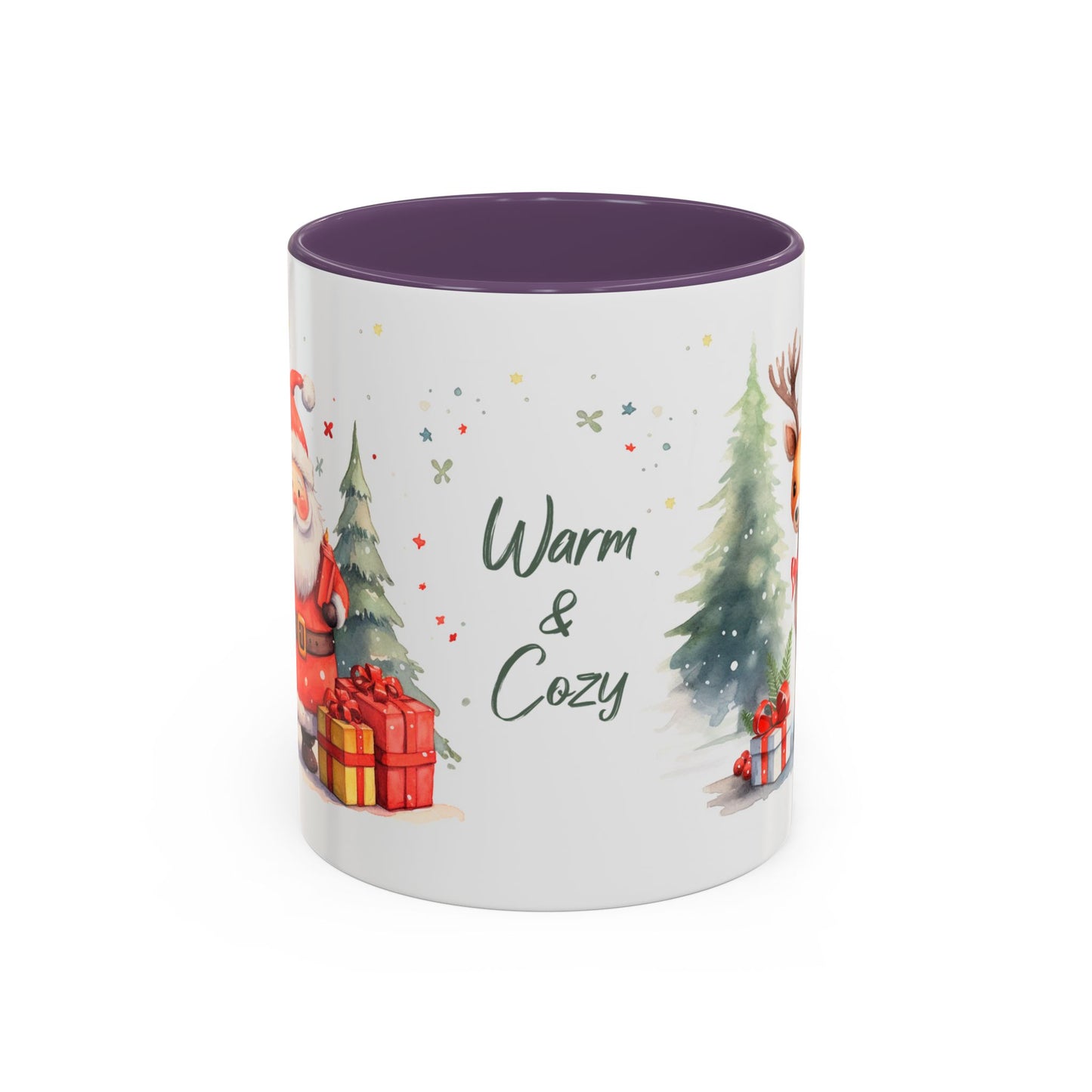 Warm & Cozy Christmas Accent Coffee Mug — Festive Santa, Reindeer & Pine Tree Holiday Drinkware