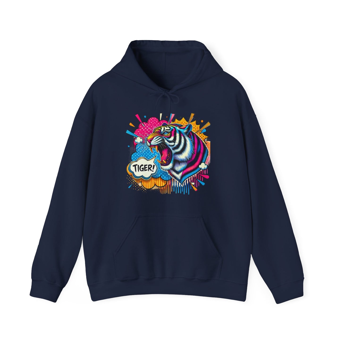 Colorful Pop Art Tiger Hoodie – "TIGER!" Graphic Pullover