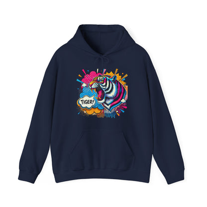 Colorful Pop Art Tiger Hoodie – "TIGER!" Graphic Pullover