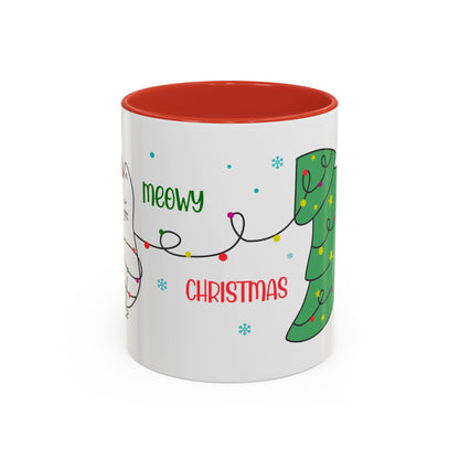 Meowy Christmas Accent Coffee Mug — Cute Cat & Decorated Tree Holiday Mug (11/15oz)