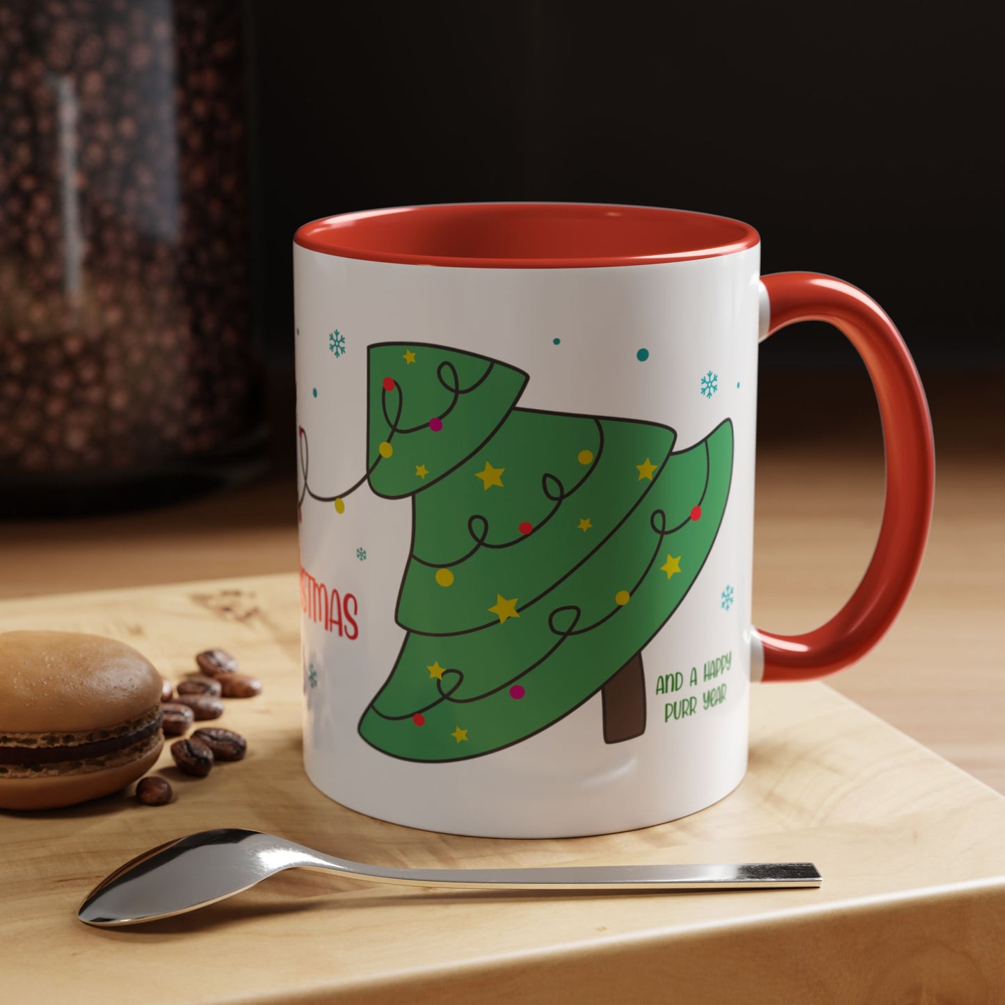 Meowy Christmas Accent Coffee Mug — Cute Cat & Decorated Tree Holiday Mug (11/15oz)