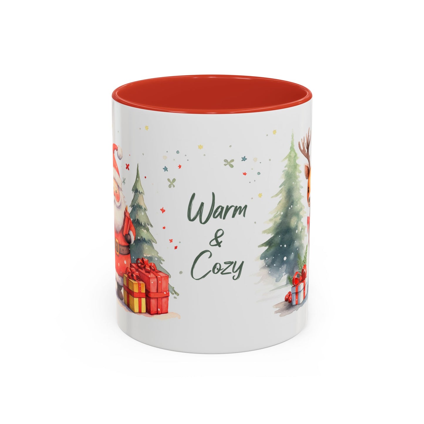 Warm & Cozy Christmas Accent Coffee Mug — Festive Santa, Reindeer & Pine Tree Holiday Drinkware