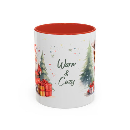 Warm & Cozy Christmas Accent Coffee Mug — Festive Santa, Reindeer & Pine Tree Holiday Drinkware