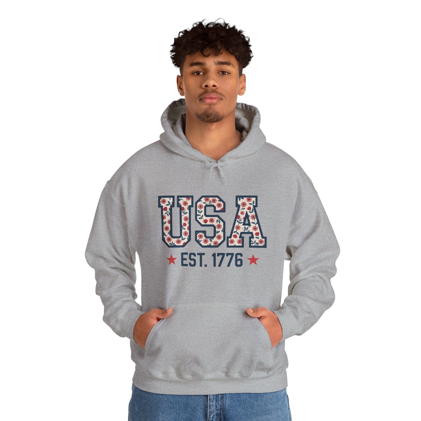 USA EST. 1776 Hoodie — Patriotic Floral American Heritage Sweatshirt