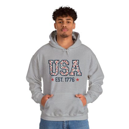 USA EST. 1776 Hoodie — Patriotic Floral American Heritage Sweatshirt