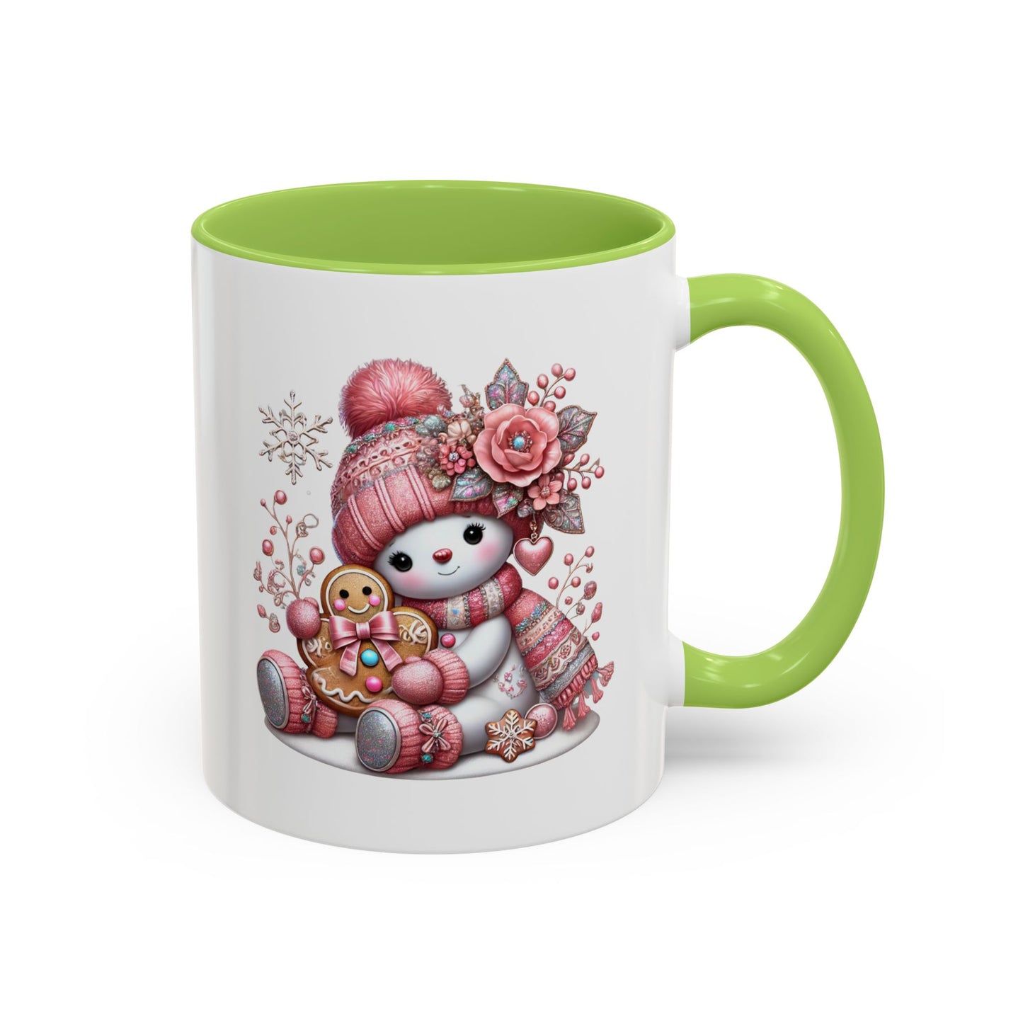 Cute Pink Snowman Coffee Mug — Holiday Winter Gingerbread Design (11/15oz)