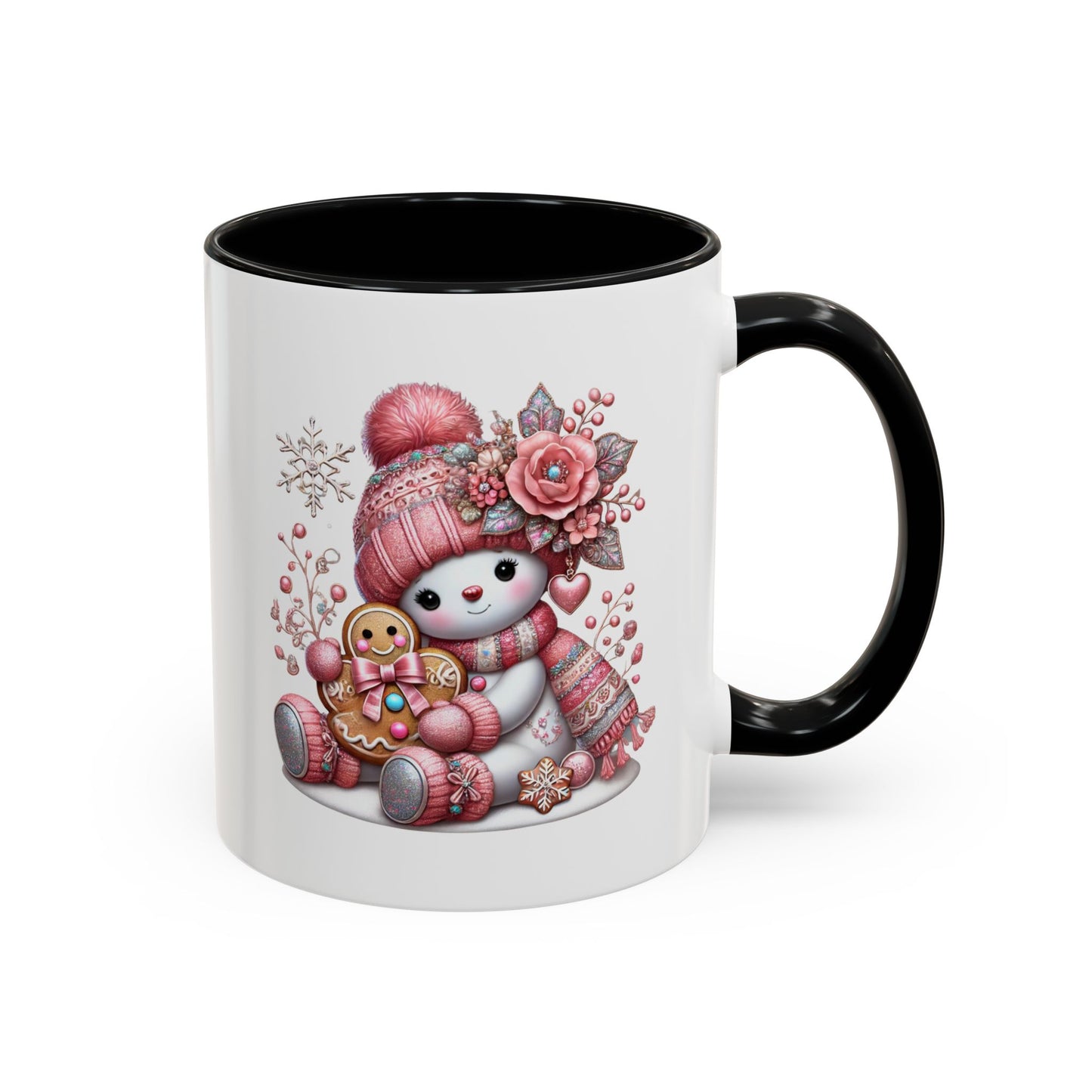 Cute Pink Snowman Coffee Mug — Holiday Winter Gingerbread Design (11/15oz)