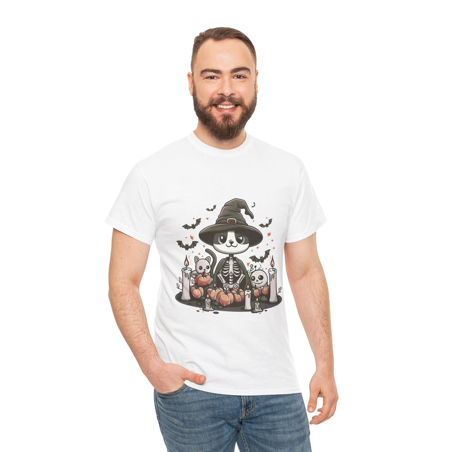 Halloween Witch Cat T-Shirt – Cute Skeleton Cat with Pumpkins & Candles