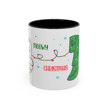 Meowy Christmas Accent Coffee Mug — Cute Cat & Decorated Tree Holiday Mug (11/15oz)