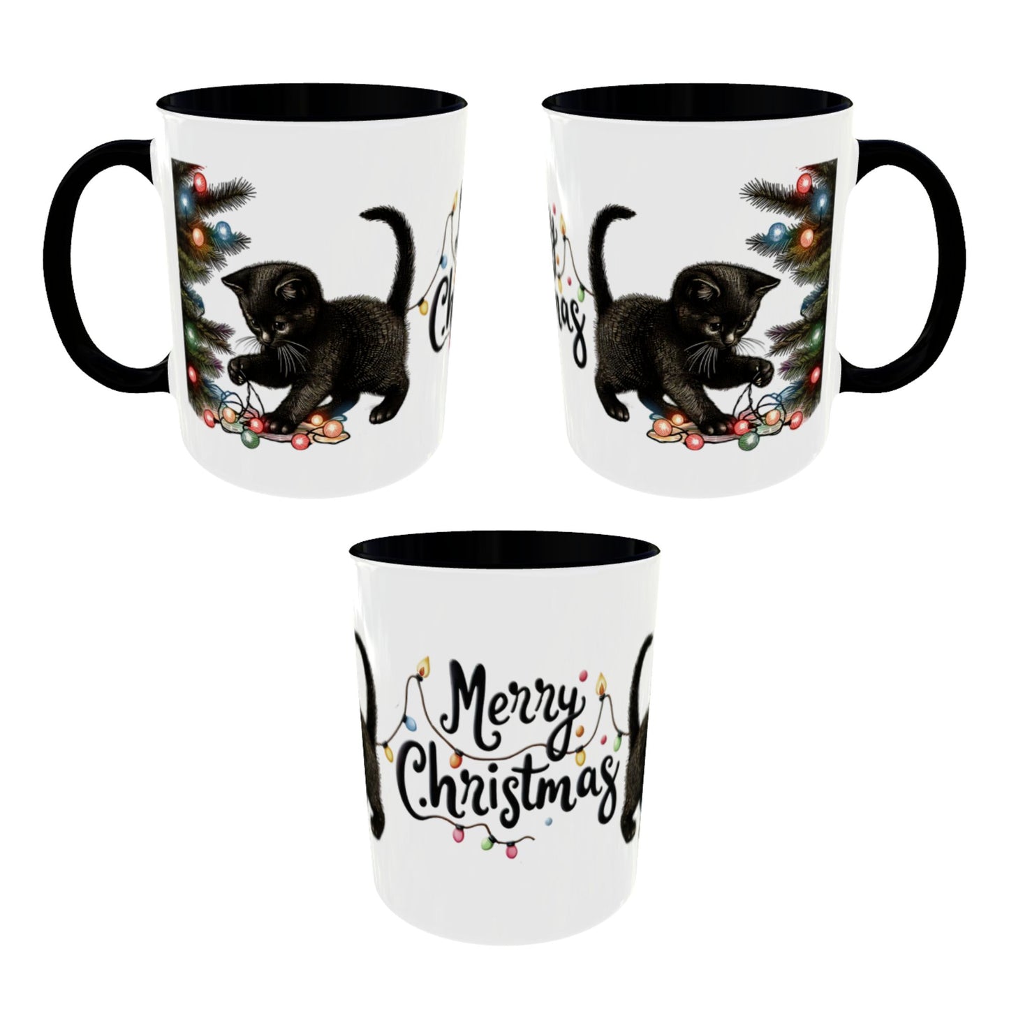 Merry Christmas Black Cat Mug – Cute Holiday Lights Cat Coffee Cup – Perfect Gift for Cat Lovers