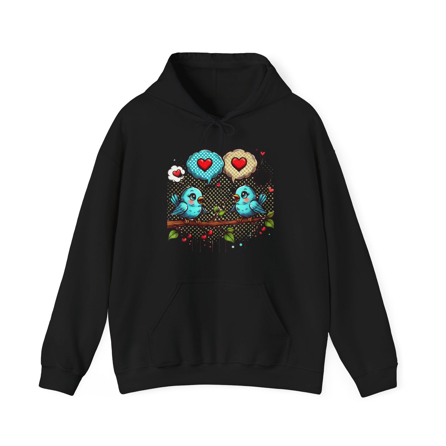 Birds on a Branch Hoodie — Cute Blue Lovebirds with Heart Speech Bubbles