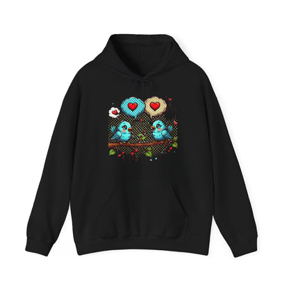 Birds on a Branch Hoodie — Cute Blue Lovebirds with Heart Speech Bubbles