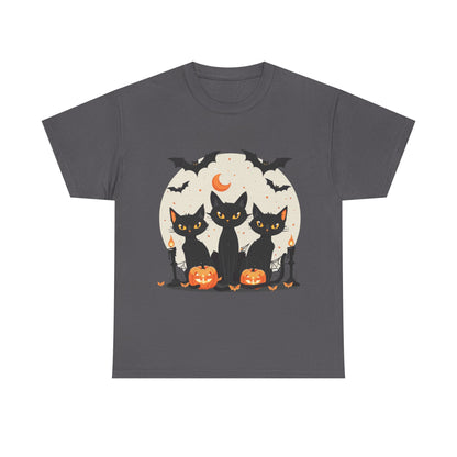 Halloween Black Cat T-Shirt – Cute Spooky Cats with Pumpkins & Bats Print