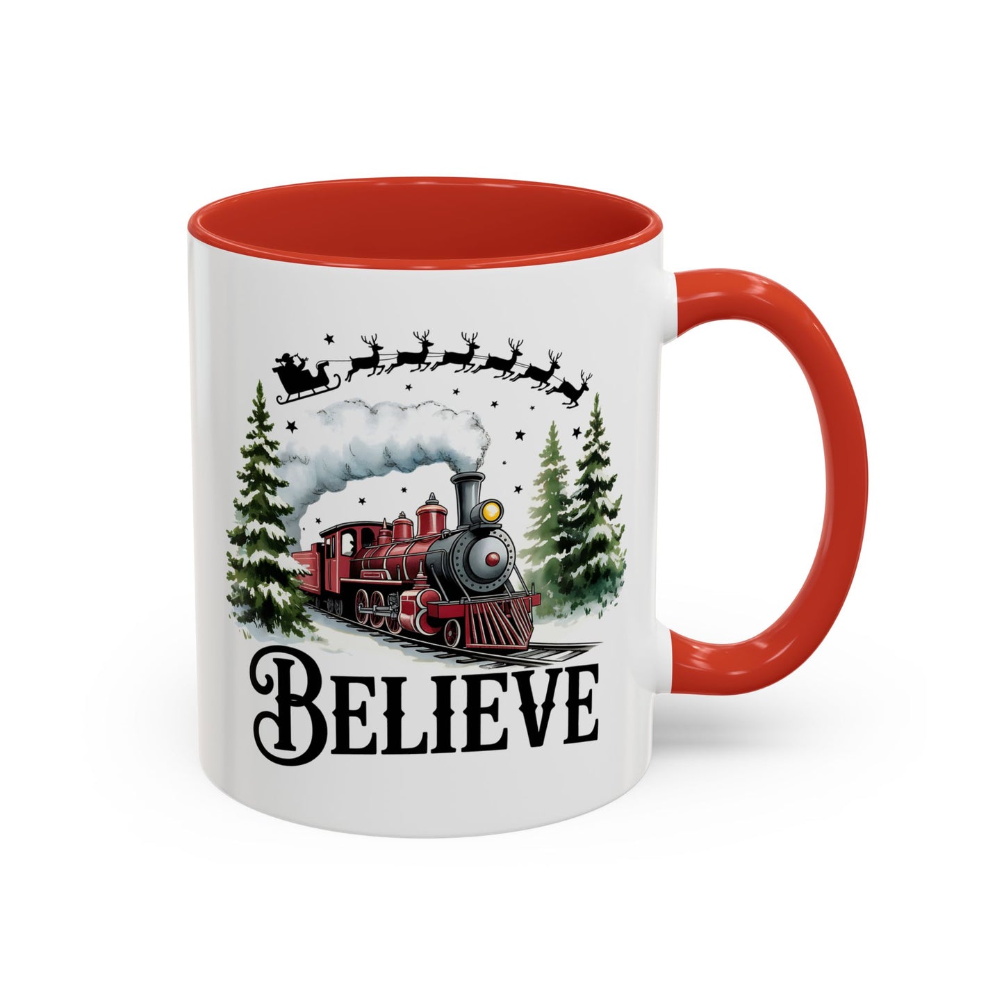 Believe Christmas Train Mug with Santa Sleigh – Holiday Coffee Cup