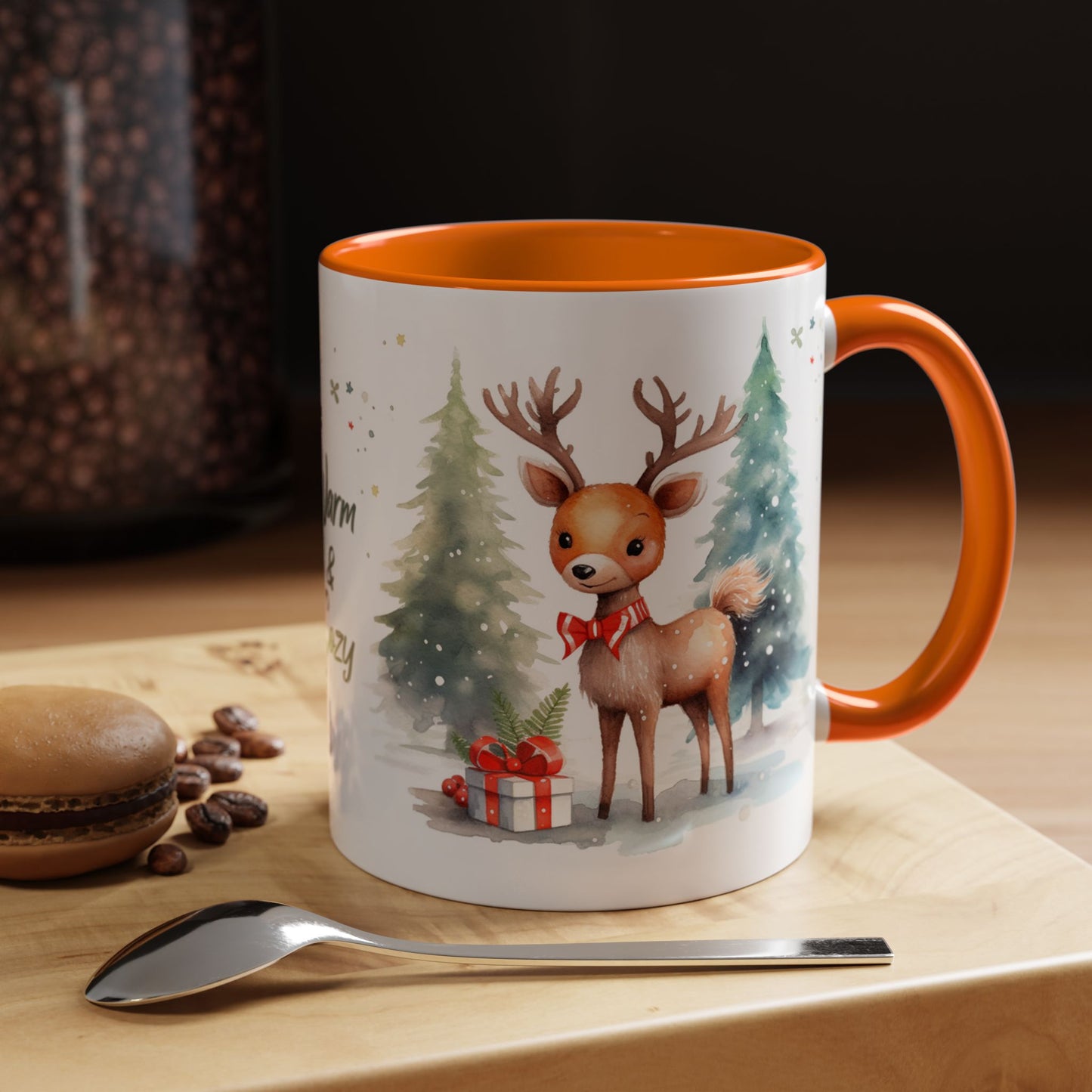 Warm & Cozy Christmas Accent Coffee Mug — Festive Santa, Reindeer & Pine Tree Holiday Drinkware